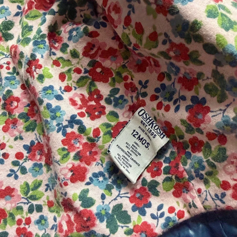 OshKosh Raincoat Girls 12M Blue Metallic Floral Lined Hooded Rain Jacket‎
